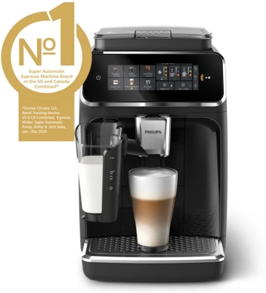 Philips Series 3300 Fully Automatic Espresso Coffee Machine - 6 Hot & Iced Drinks, LatteGo Milk System, 40% Quieter SilentBrew, Ceramic Grinder, Aquaclean Filter, Glossy Black (EP3341/50)