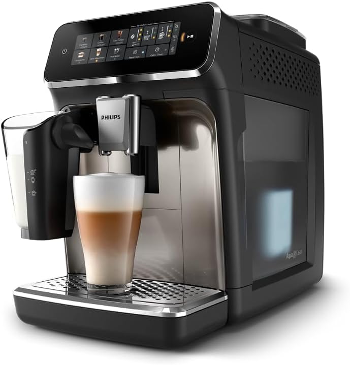 Philips Series 3300 Fully Automatic Espresso Coffee Machine - 6 Hot & Iced Drinks, LatteGo Milk System, 40% Quieter SilentBrew, Ceramic Grinder, Aquaclean Filter, Glossy Black (EP3341/50)