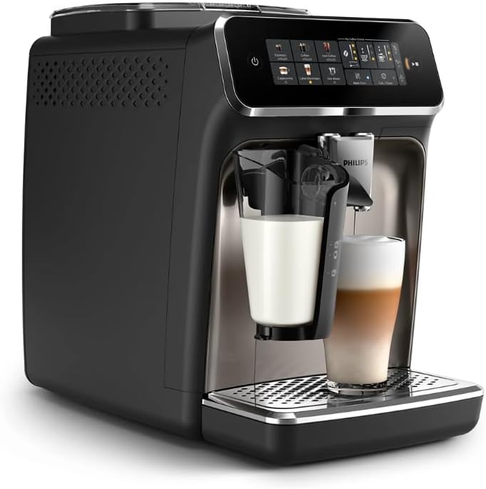 Philips Series 3300 Fully Automatic Espresso Coffee Machine - 6 Hot & Iced Drinks, LatteGo Milk System, 40% Quieter SilentBrew, Ceramic Grinder, Aquaclean Filter, Glossy Black (EP3341/50)