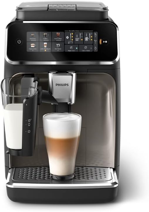Philips Series 3300 Fully Automatic Espresso Coffee Machine - 6 Hot & Iced Drinks, LatteGo Milk System, 40% Quieter SilentBrew, Ceramic Grinder, Aquaclean Filter, Glossy Black (EP3341/50)