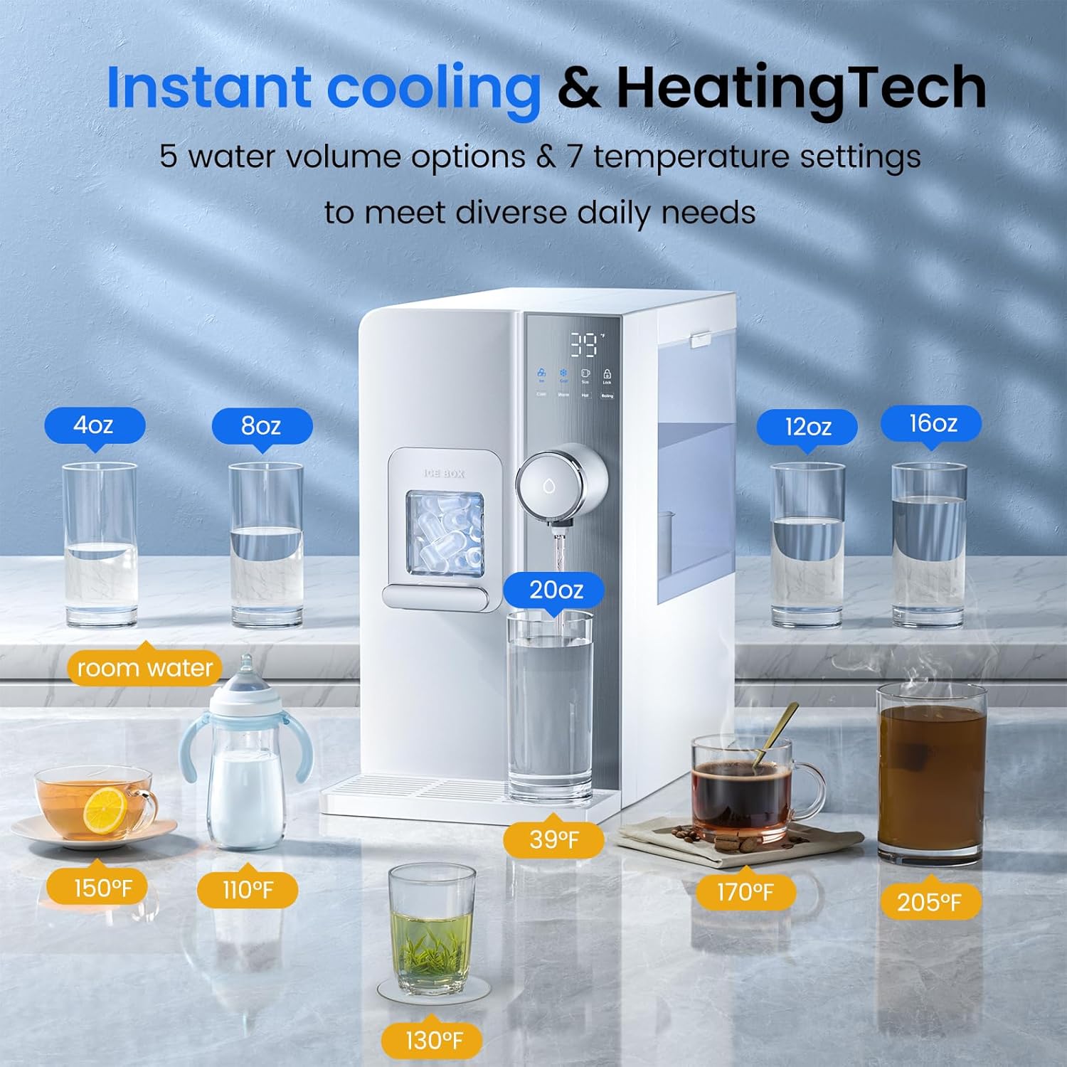 Ice Maker Water Filter Dispenser, 3 in1 Countertop Instant Hot & Cold Water -7 Stage Purification with Remineralization 7 Temperature & 5 Dispensing Volume Options Portable No Installation.
